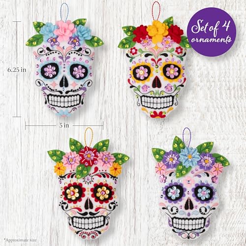Image of Bucilla, Felt Applique 4 Piece Ornament Making Kit, Floral Sugar Skulls, Perfect for DIY Arts and Crafts