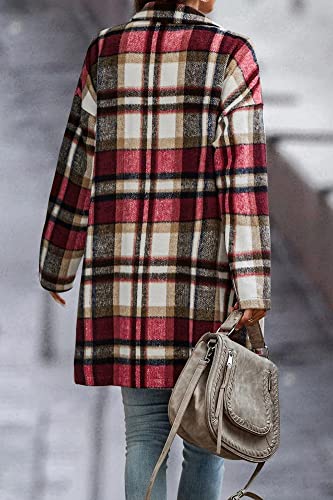 Comeon Womens Casual Flannel Shacket Jacket Long Plaid Button Pocket Lapel Wool Blend Tartan Trench Pea Coat (Red,M) #TOP3