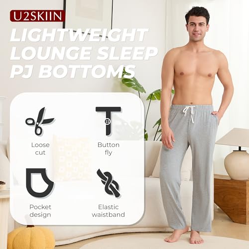 U2SKIIN Mens Cotton Pajama Pants Soft Lightweight Lounge Sleep Pj Bottoms with Pockets and Button Fly3