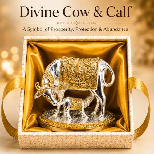 Image of KYAT Pure 999 Fine Silver Kamdhenu Cow with Calf Idol Elephant Pair (Kamdhenu Gold & Silver- 2.5'')
