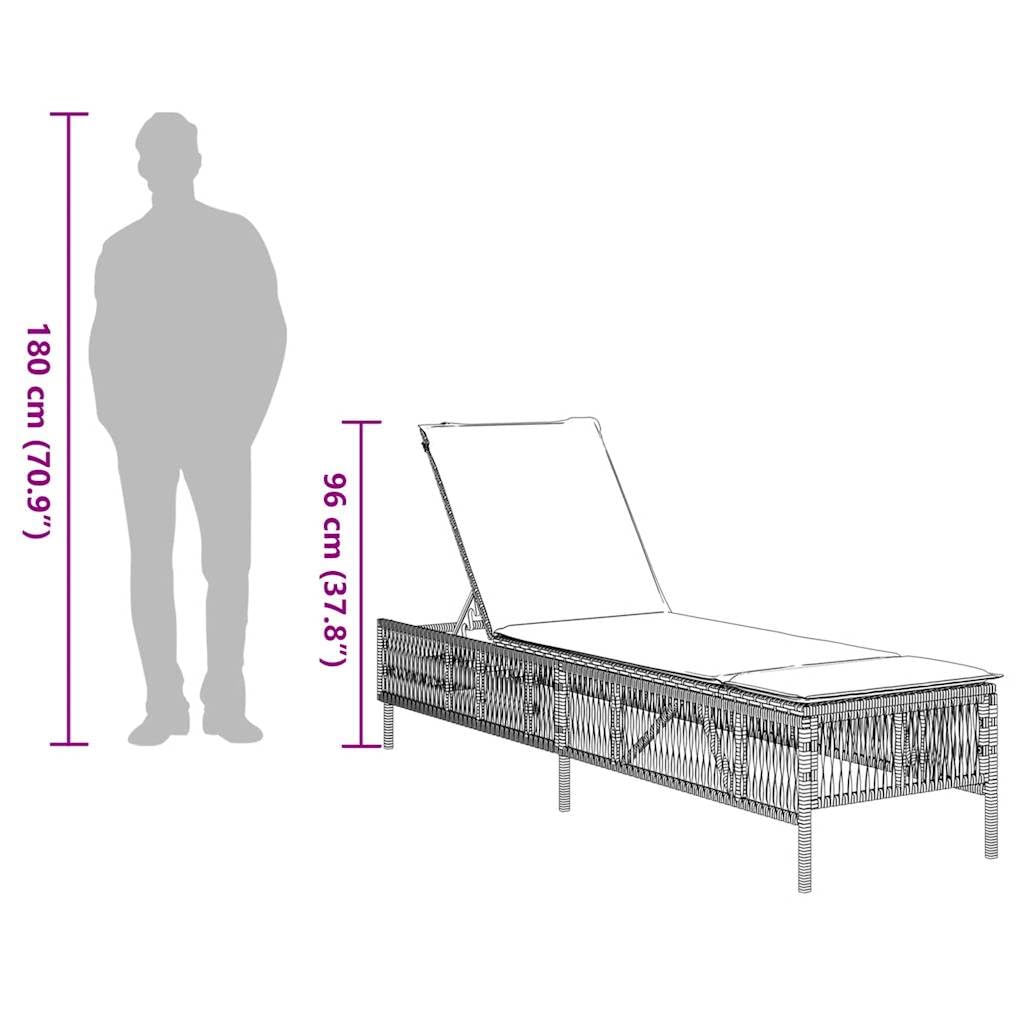 Leżak do opalania z poduszką, szary polirattan, regulowany, składany, leżak ogrodowy, leżak plażowy, leżak relaksacyjny na taras, balkon, basen, wellness, kemping, urlop