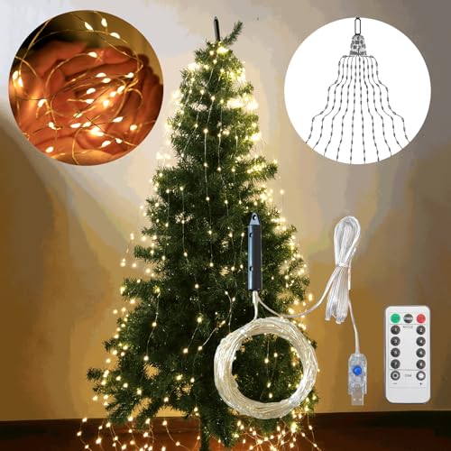 Cascading Twinkle Lights for Christmas Tree 8 Modes Christmas Firefly Twinkle String Lights Hanging Cascade Twinkle Lights (Warm 9.84ft 20 Strip 600 Light)