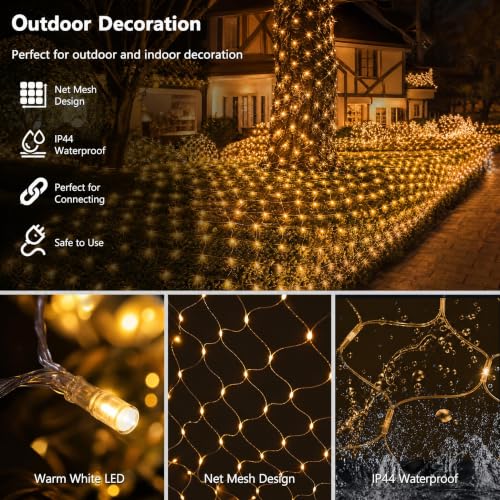 Image of Dazzle Bright Christmas 360 LED Net Lights, 12FT x 5 FT Connectable Waterproof String Lights Clear Wire with 8 Modes, Christmas Decorations for Indoor Outdoor Xmas Party Yard Garden Decor (Warm White)