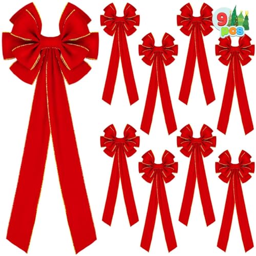 JOYIN 9PCS Big Red Velvet Christmas Bows, 30.7 X 10.6 Inches Large Bows for Wreaths Outdoor, Giant Velvet Decorations for Christmas Tree Decor, Indoor Outdoor Holiday Xmas Decorations