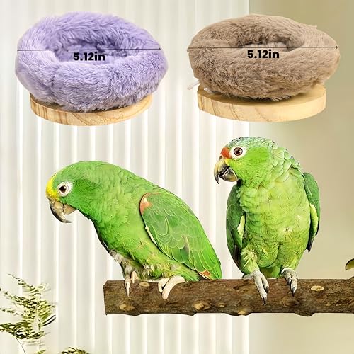 Image of 2Pcs Bird Perch Stand Platform Plush Parrot Hanging Hammock Warm Bird Nest Snuggle Hut Birds Sleeping Bed Wood Perch for Parrot,Budgies,Parakeet,Cockatiels,Conure,Lovebirds-Purple&Brown
