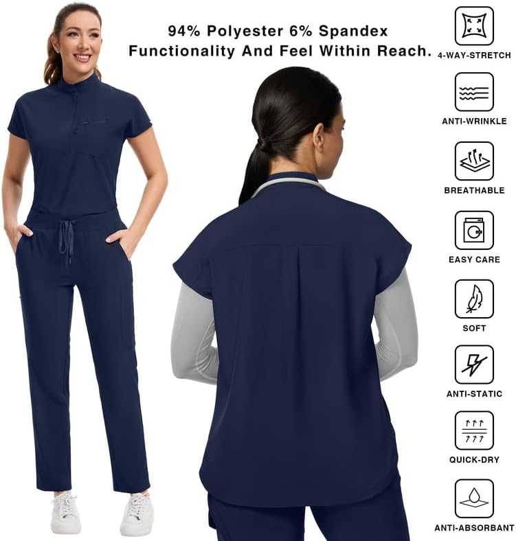 Kitmaz Women's Scrub Set - Convertible Mandarin/V-Neck Top & Straight Pants, 13 Pockets, Wrinkle & Splash Resistant Fabric - Image 5
