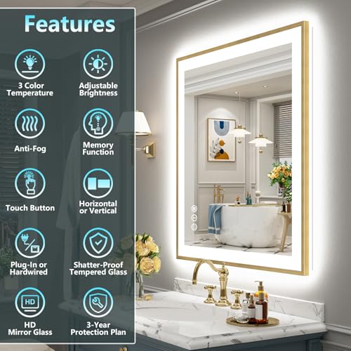 Image of 24x32 Gold LED Bathroom Mirror with Lights, Brushed Gold Framed Backlit and Front Lit Anti-Fog Lighted Vanity Mirrors for Bathroom Wall, Dimmable, 3 Colors, Memory, HD Tempered Glass, CRI 95