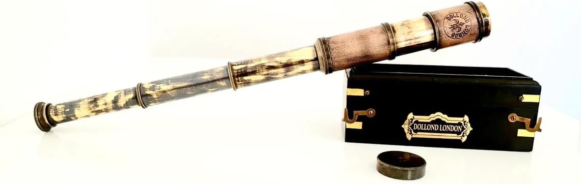 Maritime 16" Dollond London Solid Brass Leather Covered Telescope Handheld Spyglass with Wooden Box