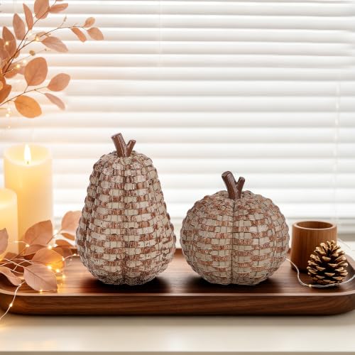 Image of winemana 2 Pack Fall Pumpkin Decor, Woven Resin Pumpkins for Indoor Home | Distressed Finish, Rustic Farmhouse Style, Artificial Pumpkin for Table Centerpiece Mantel, Thanksgiving Autumn Decorations
