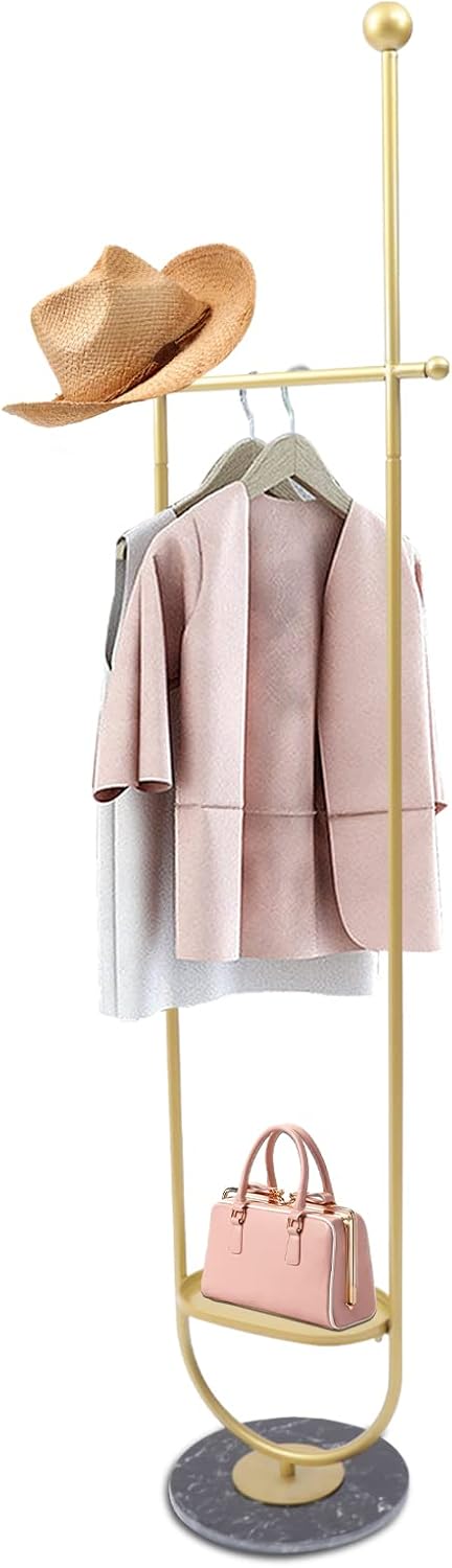 DYRABREST Modern Garment Rack With Clapboard and Clothing Rack With Marble Base Gold Clothing Coat Rack Freestanding for Home Bedroom(Gold Black)