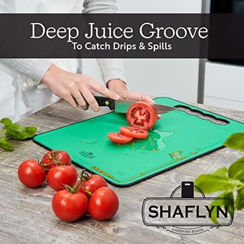 Green Chopping Boards for Kitchens 40x30cm  Non-Porous, Plastic Cutting Board with Juice Groove, Anti-Slip Pads & Contoured Handle  Ideal for Meat, Fruits, and Vegetables  Dishwasher Safe