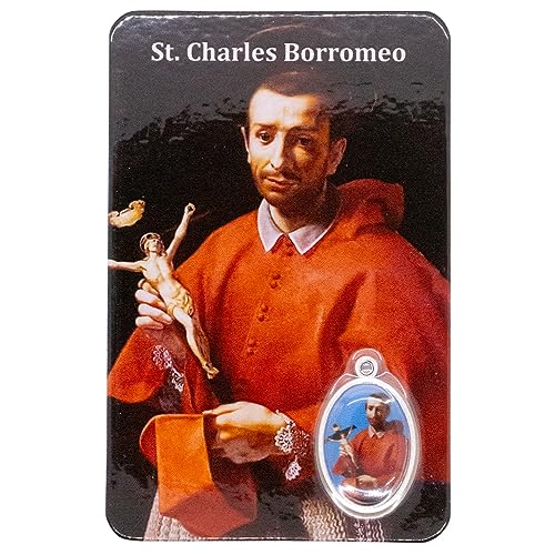 Catholic Holy Card with Built-In Medal Pendant | Laminated Full-Color | Prayer Printed on Back | Great Christian Gift for First Communion and Confirmation (St. Charles Borromeo)
