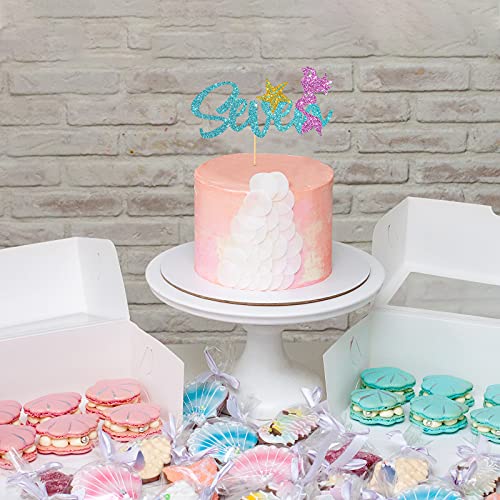 Glitter Mermaid Seven Cake Topper/Children Girl's 7Th Birthday Cake Decor/Ocean Under The Sea Mermaid Seven Theme Party Supplies/Sky Blue & Pink #TOP3