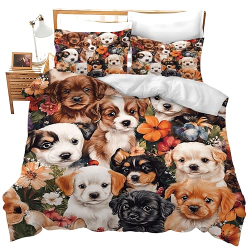 Wosabee Dog Bedding Set Dog Flower Comforter Set Cover Twin Size Labrador Retriever Duvet Cover with 2 Pillow Cases for Kids and Adults Soft Quilt Cover for Bedroom Bed Decoration