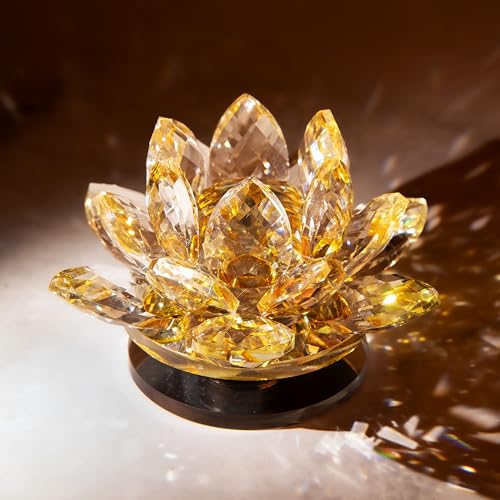 Image of Feng Shui Crystal Lotus Flower Showpiece & Paperweight | Vastu Decor for Home & Office | Desk Decoration | Fengshui Items for Home Decor, Good Luck & Gifting | Yellow (Small-8.5 x 5.5 CM)