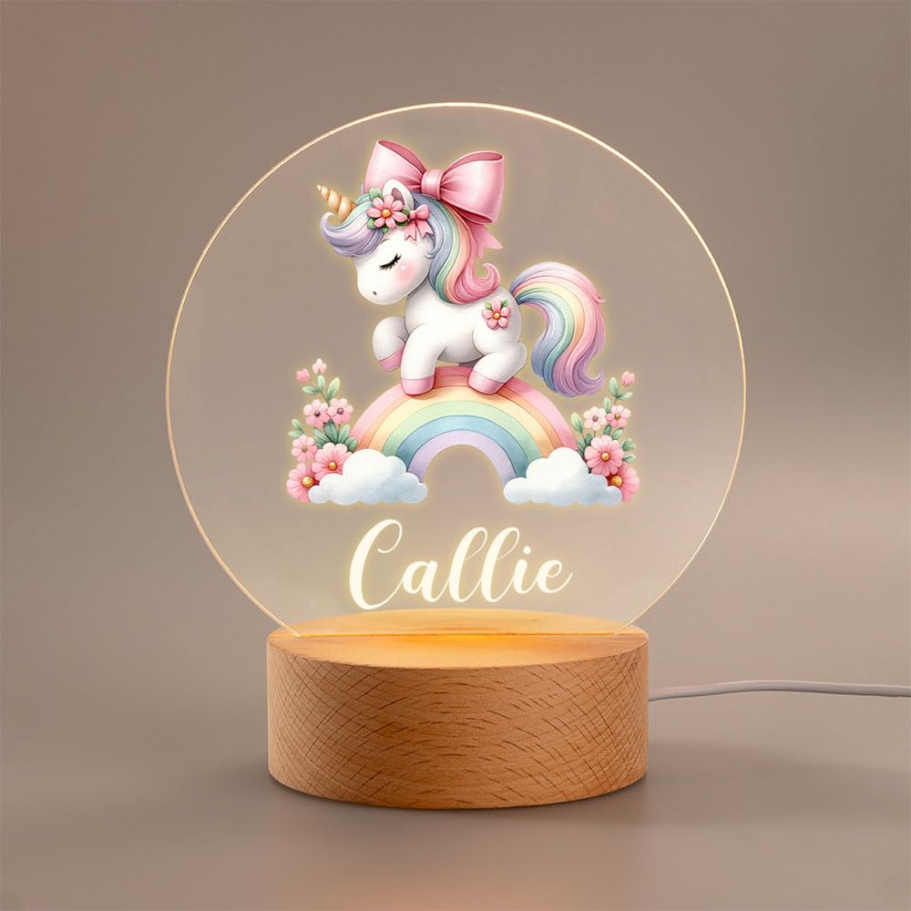 idooodle Personalized Rainbow Unicorn Night Light for Kids Custom Name LED Light 17 Patterns Option Nursery Decoration