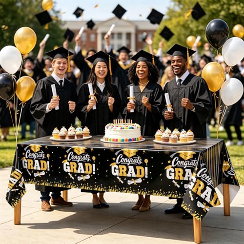 Image of OQOQ Graduation Decorations 2026 Tablecloth (Black,2 Packs), 54x108 Inches 2026 Graduation Congats Party Decorations Plastic Black Table Cloth Disposable Table Cover