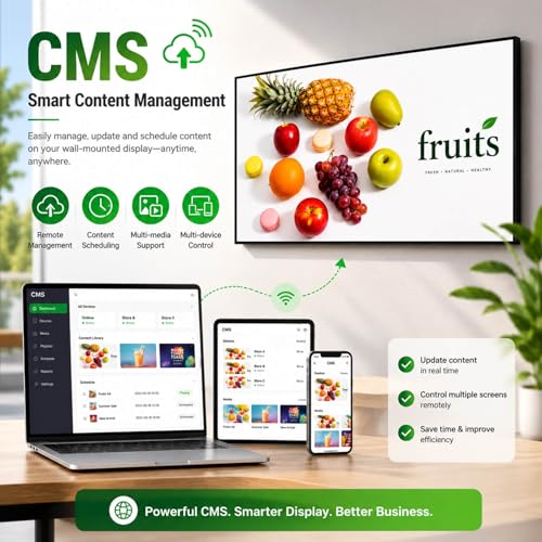 Image of 55inch 4K Digital Signage Display, 2500nits High Brightness, LCD Monitor Slim Fit Frameless Advertising Display, Wall Mount Digital Display, CMS Remote Publishing, 7 /24 Timer Switch, Built-in Speaker