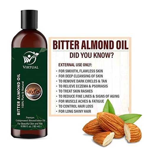 Image of VIRTUAL Pure Bitter Almond Essential Oil For Stronger Hair, Body Skin Care, Moisturizing Dry Skin, Eyelash & Nails Cold Pressed Oil With No Mineral & Silicones