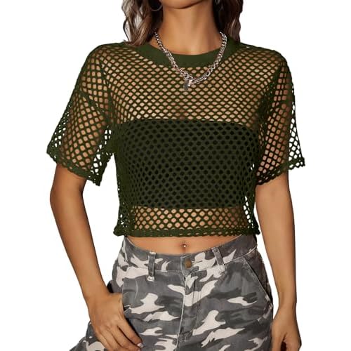 Women's Mesh Top Fishnet T Shirts Sheer Loose Short Sleeve See Through Crop Tops(Dark Green,M)
