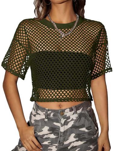 Image of Women's Mesh Top Fishnet T Shirts Sheer Loose Short Sleeve See Through Crop Tops