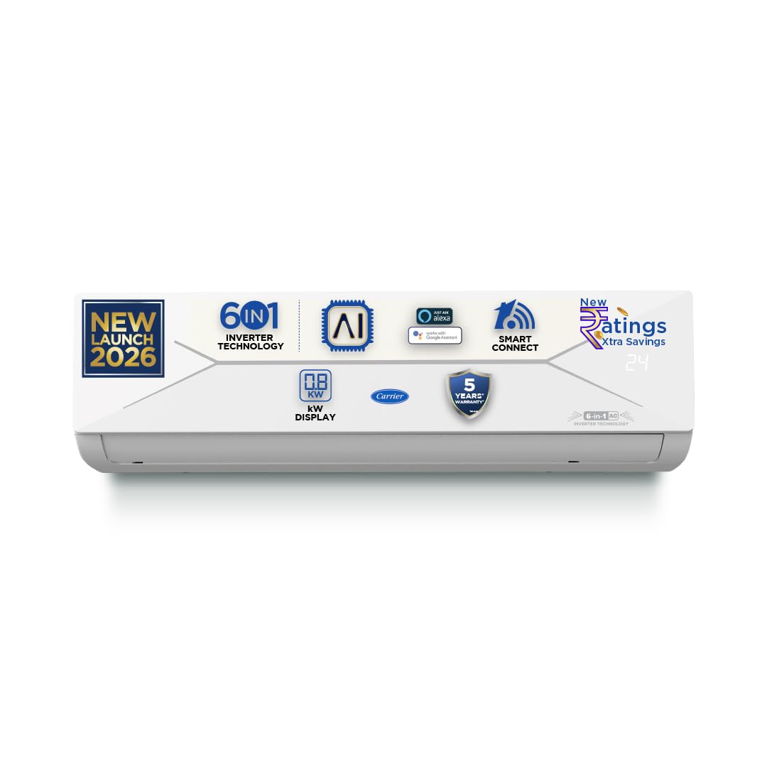 Carrier 1.5 Ton 3 Star Wi-Fi Smart Flexicool Inverter Split AC (Copper, Convertible 6-in-1 with Wi-Fi with Geo-Fencing, Smart Energy Display, 2026 Model, ESTER EDGE Gxi WiFi-CAI18EE3R36W1, White)
