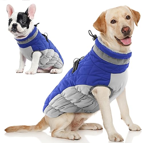 Image of AOFITEE Dog Coat, Warm Dog Winter Coat, Reflective Cold Weather Dogs Puffer Jacket with Harness Built in, Waterproof Pet Fleece Vest Snowsuit for Small Medium Large Dogs, Blue L