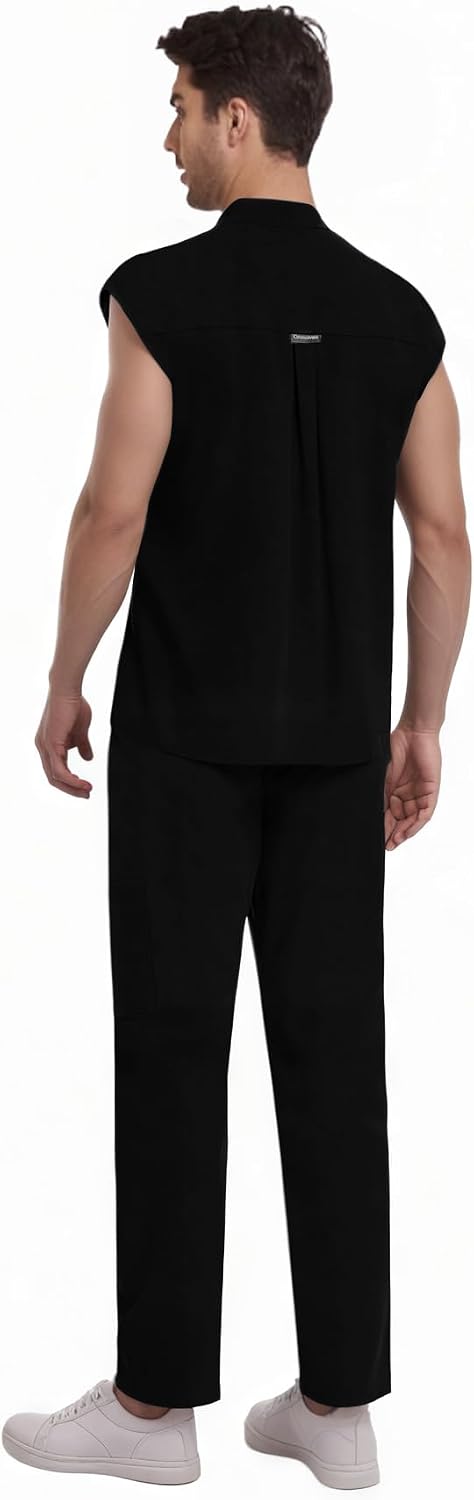Scrubs for Men Set - V-Neck Scrub Top and Cargo Pants - 5 Pockets Men Scrubs Set (Black, S)