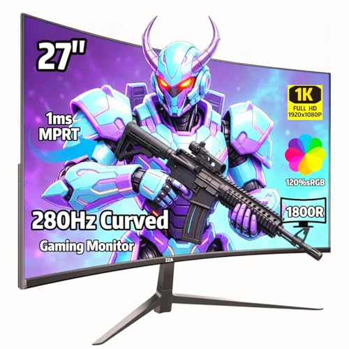 ZZA 27" Curved Gaming Monitor, 280Hz Refresh Rate, FHD 1920x1080p, 1800R VA Panel, 100% sRGB, AMD FreeSync, Low Blue Light, Ultra-Smooth Esports Display, HDMI 2.0 & DP 1.4, VESA Wall Mountable