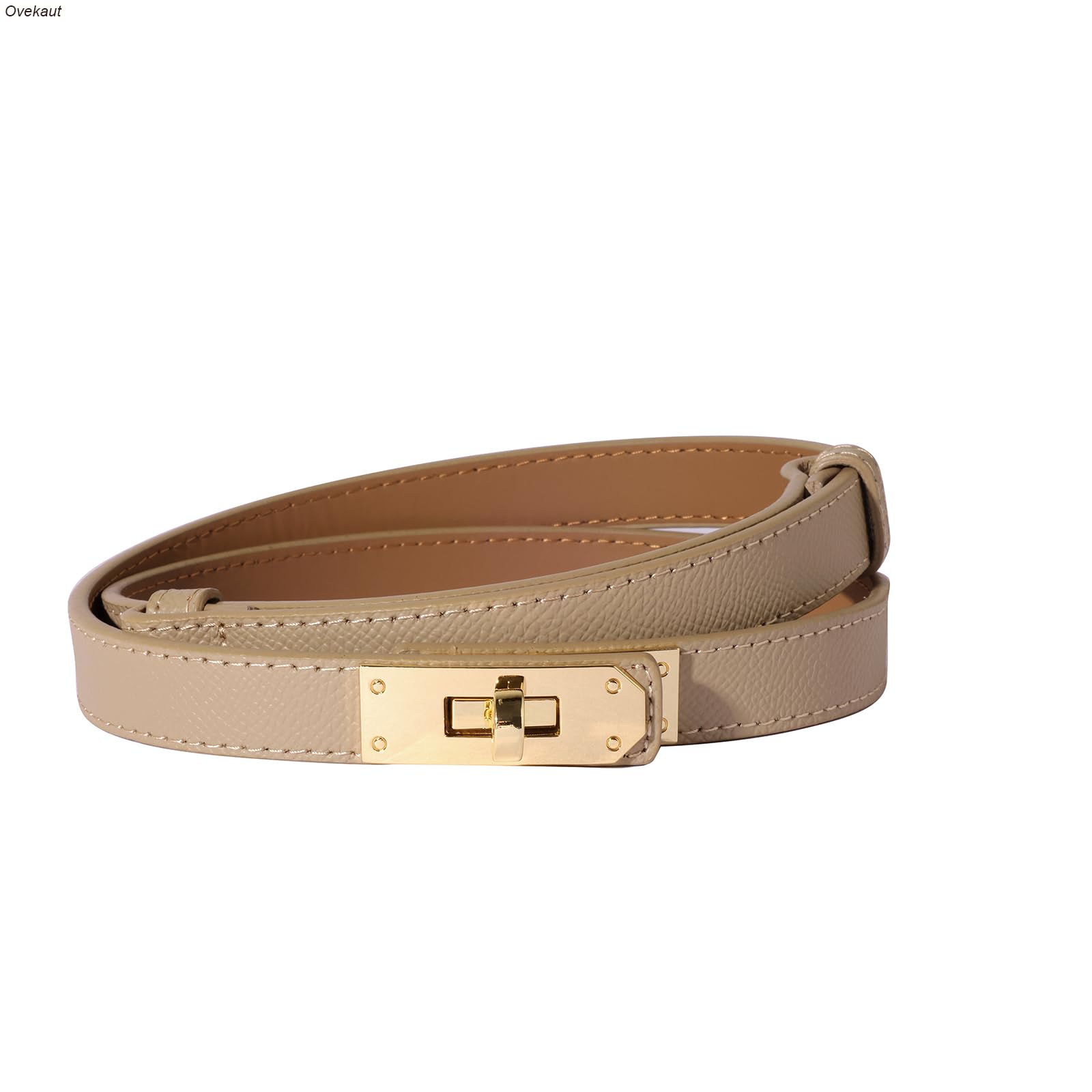 Ovekaut Women Skinny Leather Belt Solid Color Alloy Turn Lock Adjustable Waistband for Dresses Jeans Coats, Shallow Khaki/Gold, Adjustable