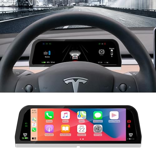 Ponskoy Heads up Display für Tesla Model 3 Y, Kabelloses Carplay Android Auto, 9,66 Zoll IPS TouchDigital Smart Dashboard, Geschwindigkeit Instrument Bildschirm für Tesla Model 3 Y