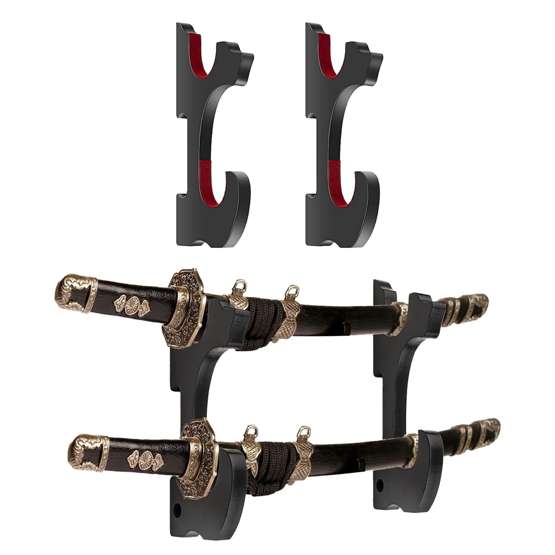 Supporto da Parete in Legno a Doppio Scomparto per Spade, Interno Imbottito in Velluto Rosso, Ideale per Katana, Spade Laser, Spade Samurai e Altre Spade