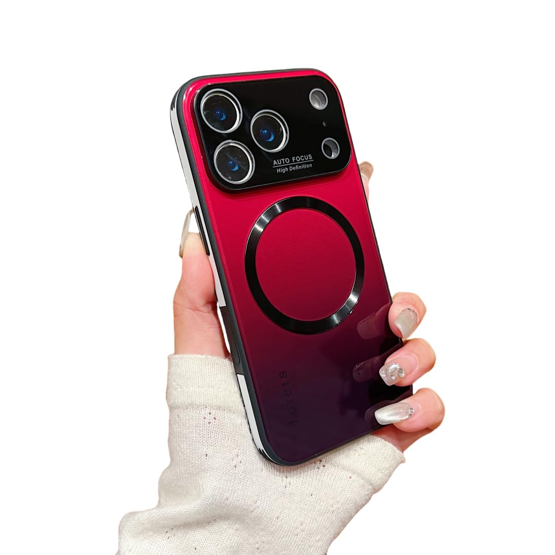 おしゃれ iPhone 17 Pro Max 用ケース magsafe対応 薄型 アイフォン17promax ガラスケース グラデーションケース ストラップホール マグネット搭載 TPUバンパー 強化ガラス，グラデーション赤