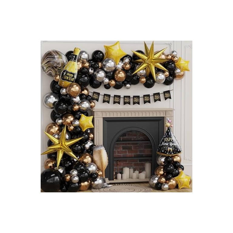 130Pcs Black And Gold Balloon Arch Kit for 2025 New Years Party Balloon Decoration Happy New Year Eve Party Balloons Shiny Metallic Balloon Garland Arch Anniversary Wedding Christmas Party Decorations