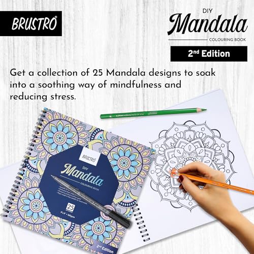 Image of Brustro DIY Mandala Colouring Book-2nd Edition| 25 Designs,160 GSM Paper,9x9 inch,Tear-Out Sheets | Ideal for Stress Relief & Mindfulness Art Book for Adults & Kids,Drawing,Mixed Media,Pens,Markers