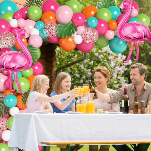 Image of 136Pcs Tropical Balloons Arch Garland Kit, Flamingo Luau Party Decorations | Hot Pink Rose Gold Fruit Green Blue Balloons Palm Leaves for Tropical Party Decorations Hawaiian Aloha Birthday Wedding Decor