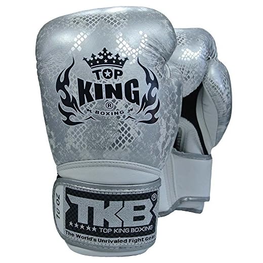 KINGTOP TOP King Boxhandschuhe, Python, weiß-Silber, Boxing Gloves, Muay Thai, Leder MMA Size 10 Oz