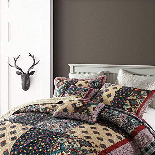 NEWLAKE Bedspread Quilt Set with Real Stitched Embroidery, Red Garden Pattern,Queen Size