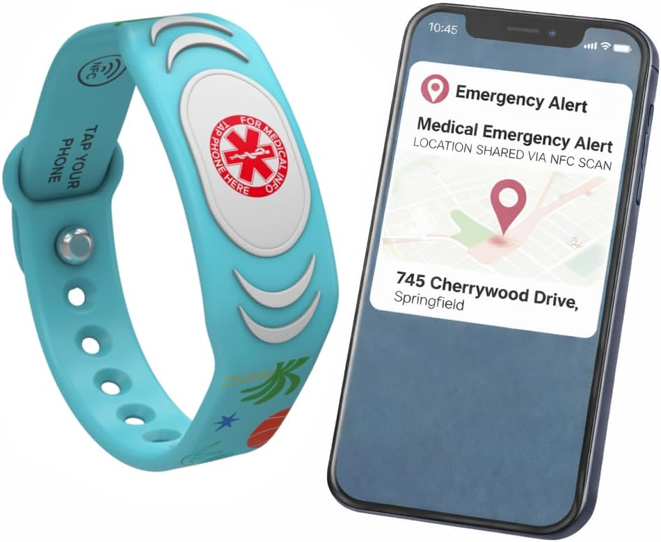 SafeTag Vivélle DinoBand Kids Medical ID Wristband – Emergency Info Bracelet with Instant Parent Notifications, Adjustable Silicone (Jungle Dino)