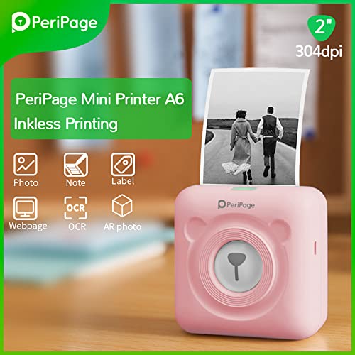 Image of PeriPeri PeriPage A6 (HD 304dpi) Mini Thermal Printer (1Year Warranty) Inkless Bluetooth Pocket Printer for Print Picture List Memo Barcode Receipt Labels (Pink)