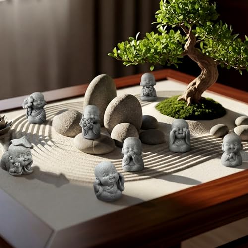 Juego de 8 estatuas pequeñas de Buda sonriente en arenisca miniatura 5