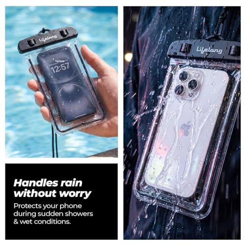 Image of Lifelong Waterproof Mobile Rain Pouch with Plastic Air Lock, Black | IPX8 Waterproof Case for Smartphiones & iPhones | Transparent Pouch for Swimming Pool, Beach, Diving | Heavy-Duty Lanyard