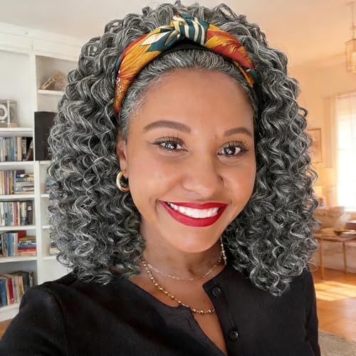 Ombrmal Grey Headband Wig 14 Inch Deep Curly Wigs with Headband 180 Density Synthetic Protein Fiber Close to Human Hair Glueless No Lace Wear and Go Wigs for Black Women
