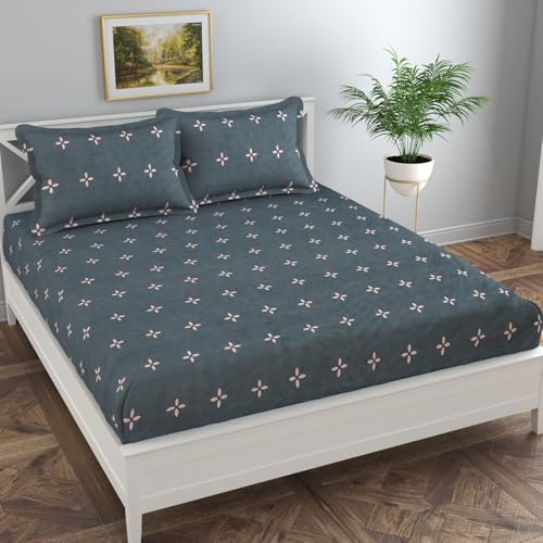 Image of 240 TC Cotton Feel Glace Cotton Elastic Fitted Printed King Size Double Bed Bedsheet with 2 Pillow Covers and Fits Upto 4-6 inches Mattress, Size- 72 inchx78 inch(Teal Blue)