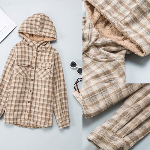 Hivebabe Flannel Fleece Lined Shirt, Fleece Hooded Jackets Warm Coat, Button up Plaid Shirt Jackets Warm Coat2