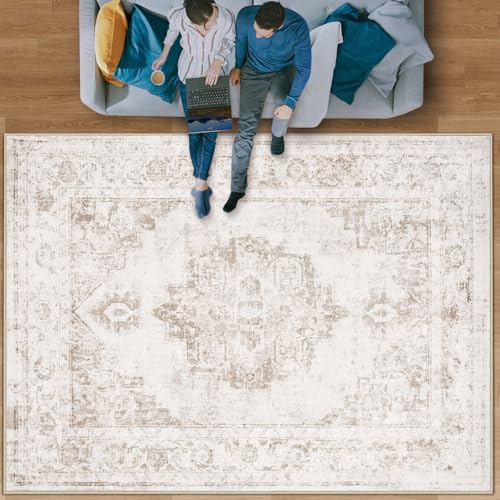 Area Rug 9×12 Vintage Rug: Large Washable Indoor Medallion Rugs Low Pile Distressed Floor Carpet Retro Accent Rug for Living Room Bedroom Kitchen Dining Table Home Office(Beige, 9’x12′)
