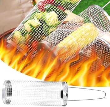 Cesta de Grelhar com Rodinhas, Cesta de Grelhar com Rodinhas para Grelhar Ao Ar Livre, Grelha Redonda de Aço Inoxidável para Churrasco, Grelha Portátil para Churrasco Ao Ar Livre para Ve