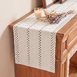 Artoid Mode Beige Farmhouse Woven Rustic Hollow Table Runner, Seasonal Holiday Hollow Kitchen Dining Table Decoration for Home Party Decor 12x72 Inch