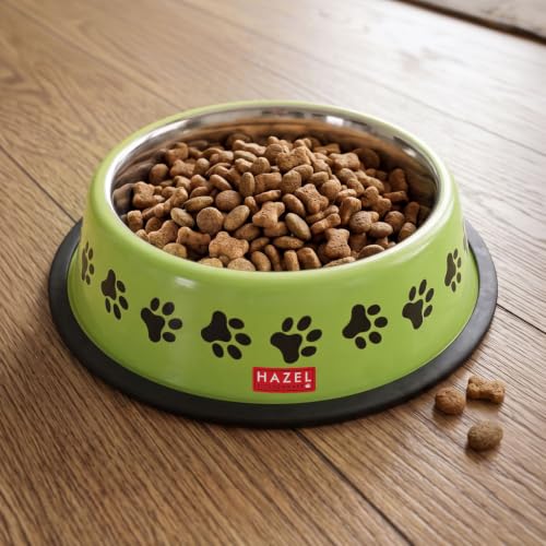 Image of HAZEL Green Stainless Steel Pet Food Bowl with Paw Print Design | Paw Print