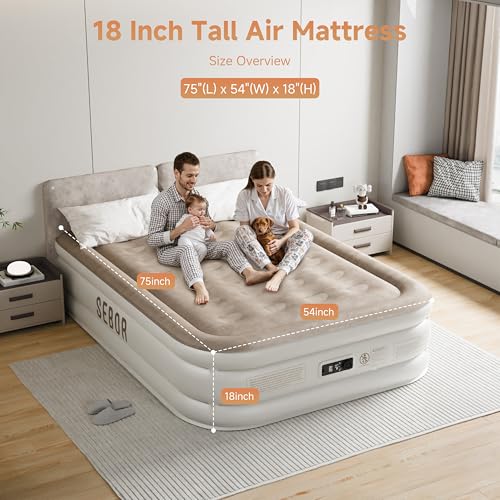 Sebor Air Mattress Full with Built-in Pump 18\", Comfortable Self-Inflating Air Mattress with High-Speed Pump, Durable Blow Up Mattress Full with Storage Bag for Guests, Camping, Travel - Thumbnail 2